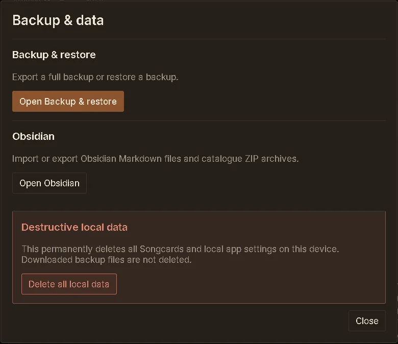 Songcards Backup and data dialog with backup and restore, Obsidian import and export, and local data controls.