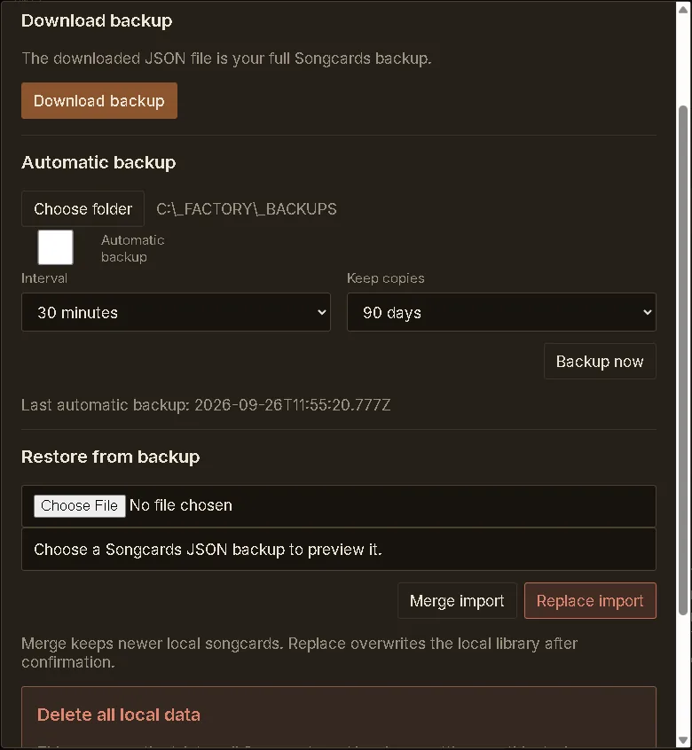 Songcards backup dialog with download backup, automatic backup folder, interval and restore from backup.