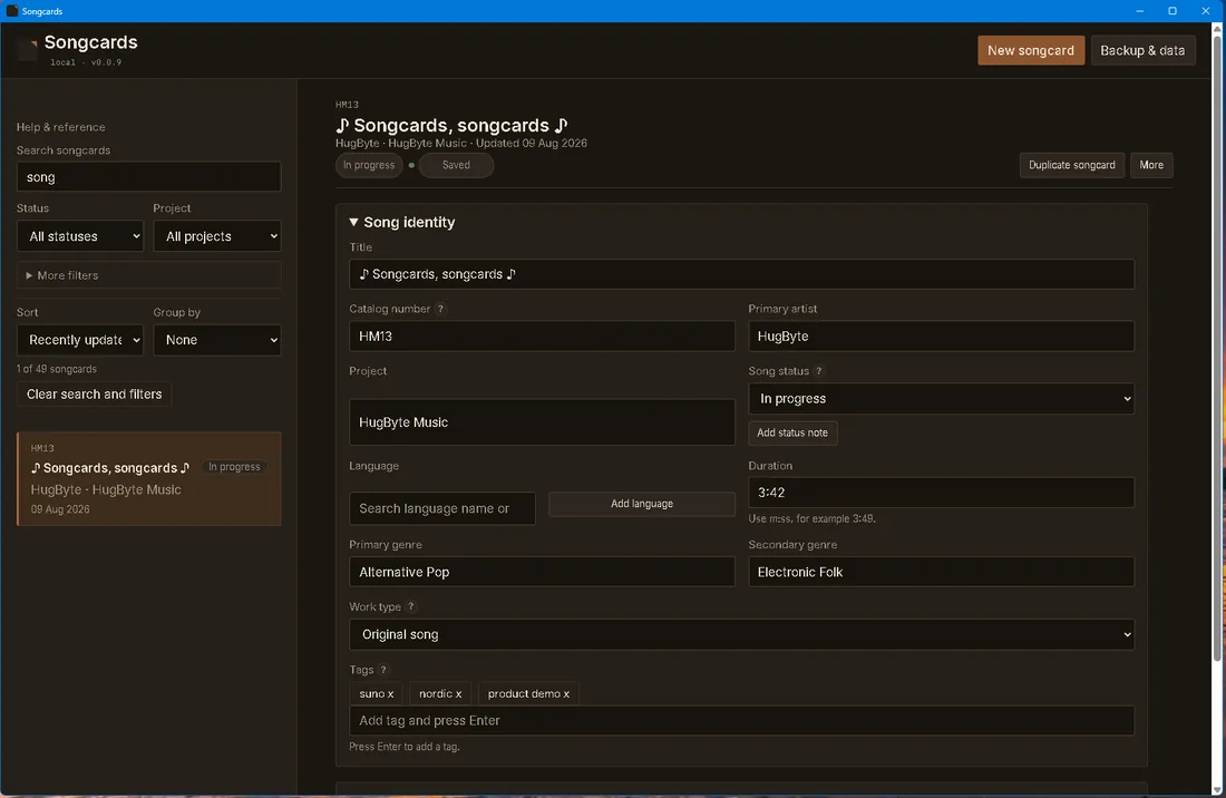 Song identity in Songcards: title, catalog number, primary artist, project, status, language, duration and genres.