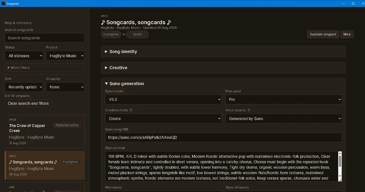 Songcards on Windows with the Suno generation section open: Suno model V5.5, plan, creation mode, voice source, song URL and style prompt.